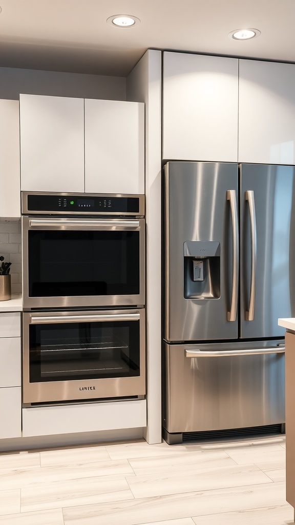 A modern kitchen featuring a stainless steel refrigerator and built-in ovens in sleek cabinetry.