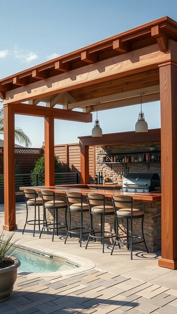 An outdoor grill pavilion with a bar area, featuring wooden structures and a stone backdrop.