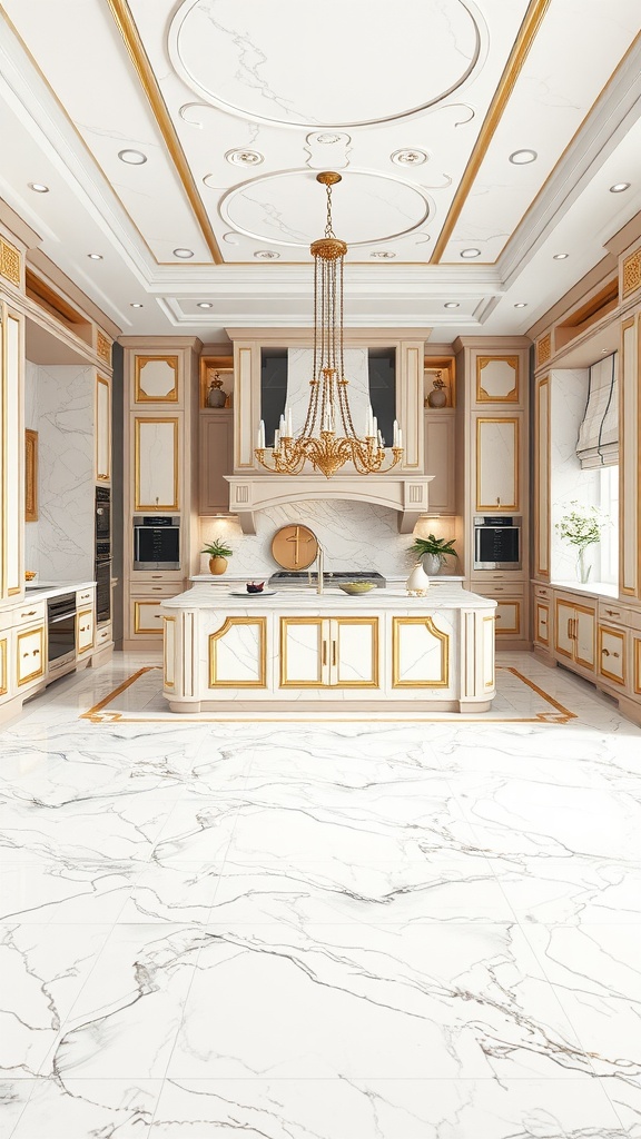 Luxurious kitchen with marble flooring and elegant design