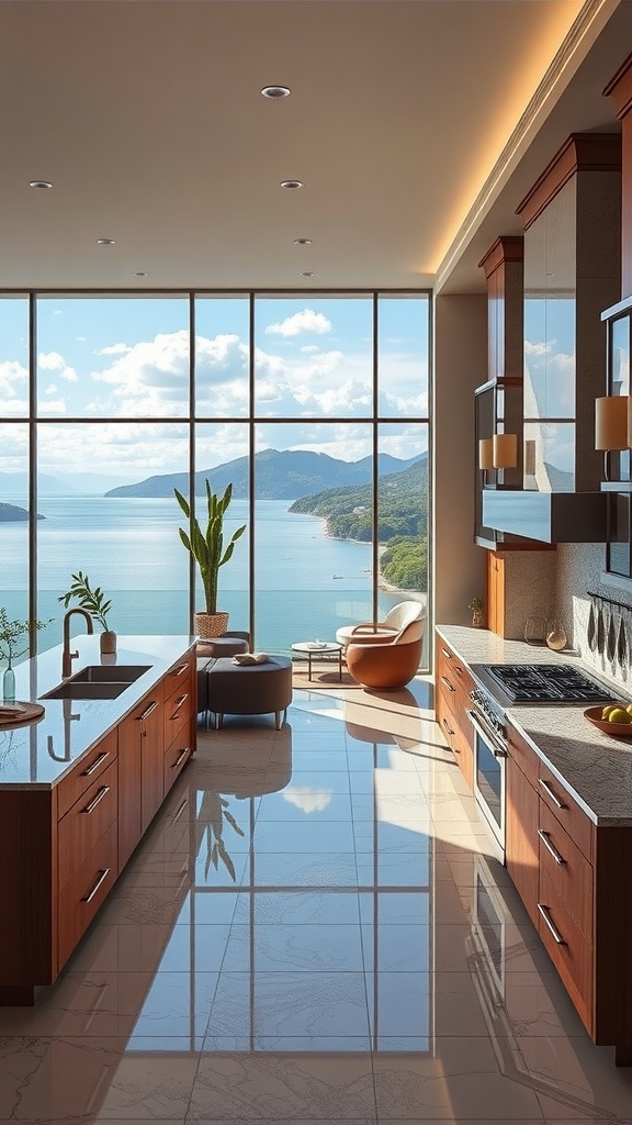 A luxurious kitchen with large windows overlooking a scenic view of water and hills.