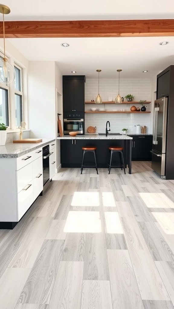 A modern kitchen featuring luxury vinyl plank flooring in light gray tones, dark cabinetry, and stylish decor.