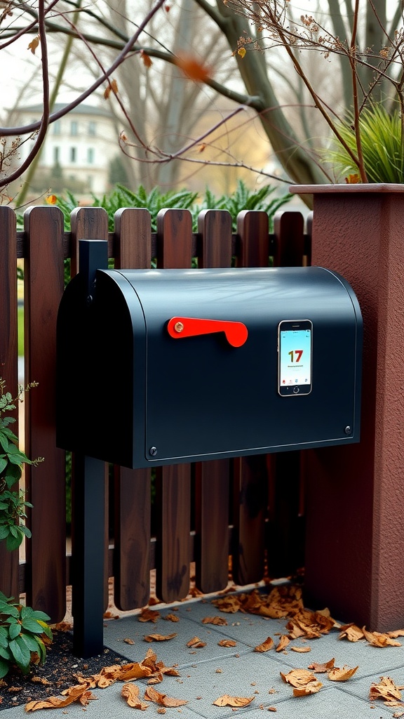 A modern mailbox with a smartphone interface standing beside a wooden fence in an autumn setting.