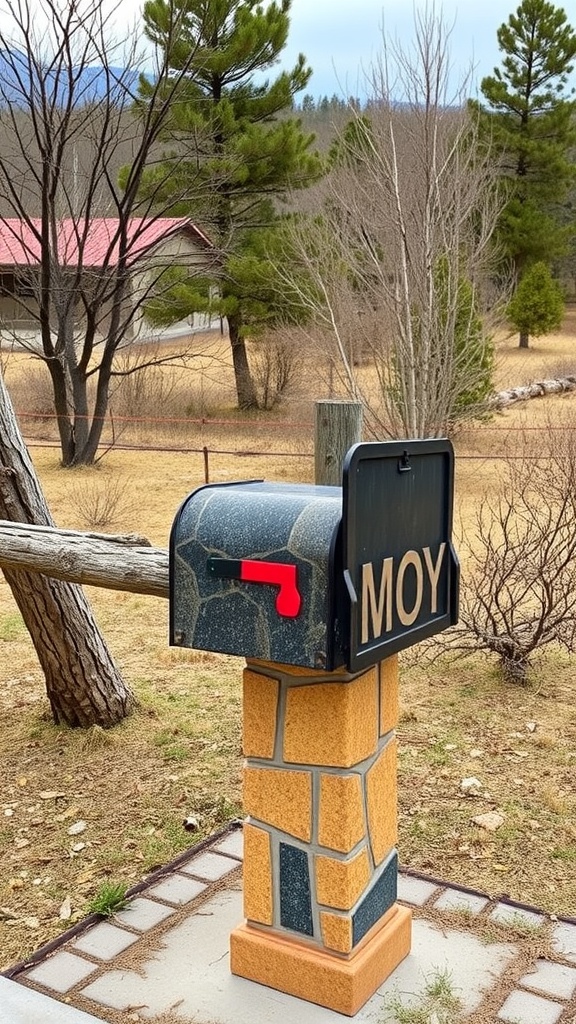 Mailbox with a natural stone finish and a red flag in a rustic outdoor setting