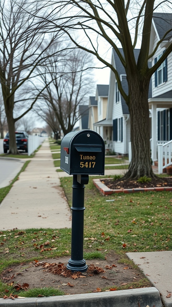 A black mailbox with a rounded top and the number 5417 displayed, situated in a residential neighborhood.