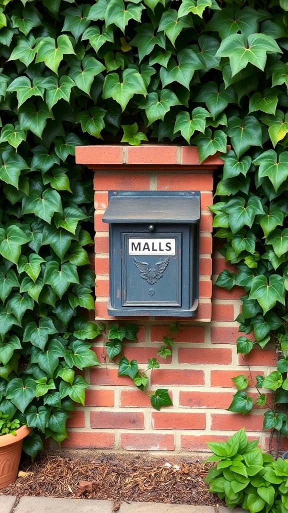 A brick mailbox surrounded by lush green ivy, featuring a dark mailbox with 'MAILS' label.