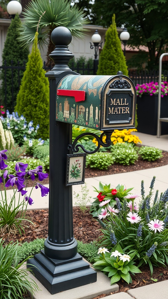 A decorative mailbox on a stylish post surrounded by colorful flowers and shrubs.