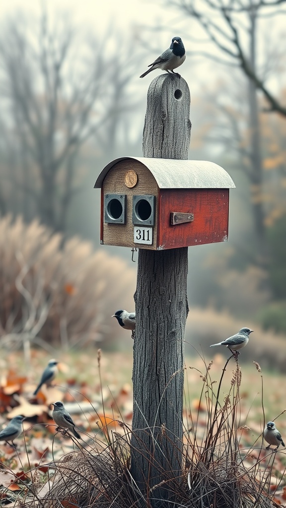 A mailbox post designed with a birdhouse, featuring multiple birds around it.