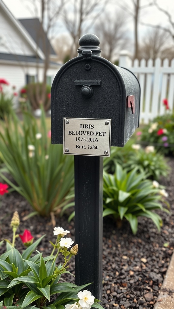 Mailbox with memorial plaque for a beloved pet surrounded by flowers