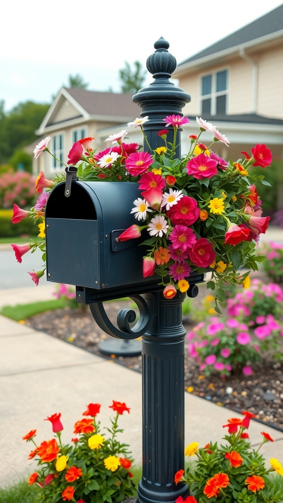 A mailbox post decorated with colorful flowers in a planter, enhancing the yard's appearance.