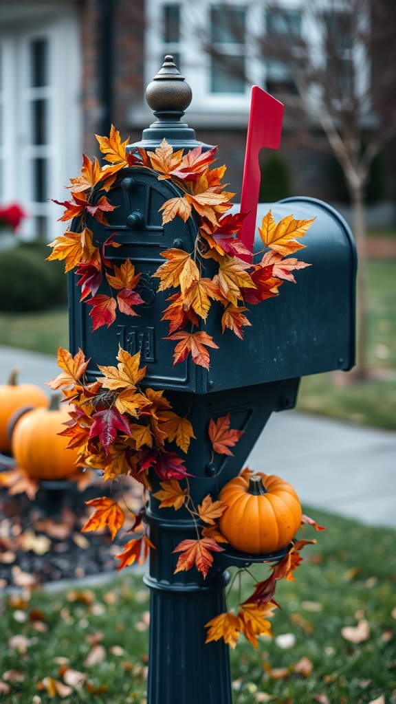 Decorative mailbox post with autumn leaves and pumpkins