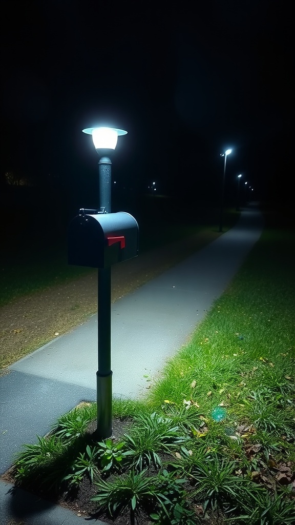 A mailbox post with a solar light at night, illuminating the pathway.