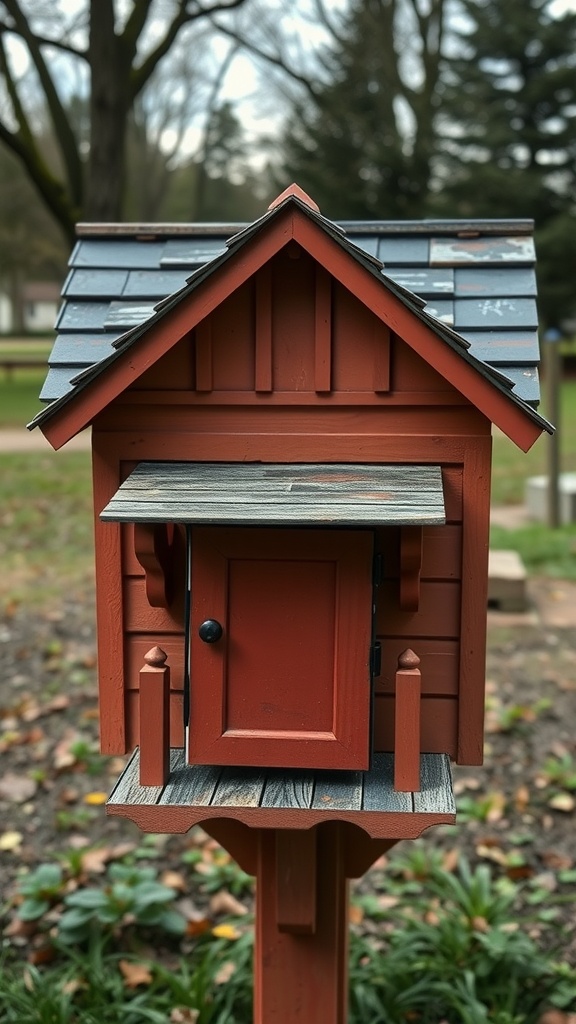 Mailbox designed to resemble a mini house with a red exterior and peaked roof