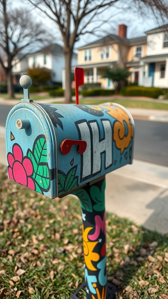 A colorful mailbox with an artistic mural featuring flowers and bold designs, set in a residential neighborhood.