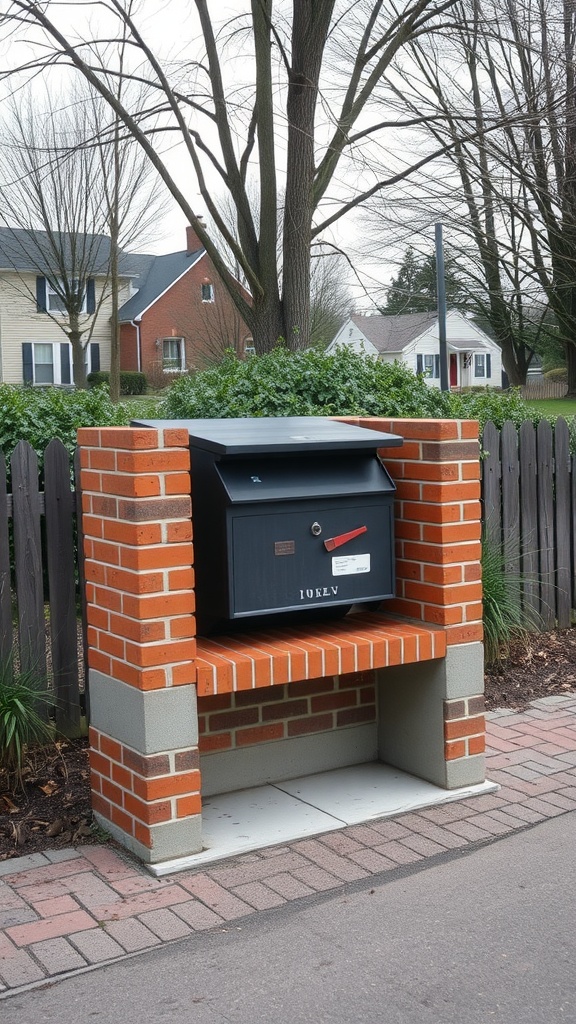 A brick mailbox with a built-in bench, surrounded by trees and houses.