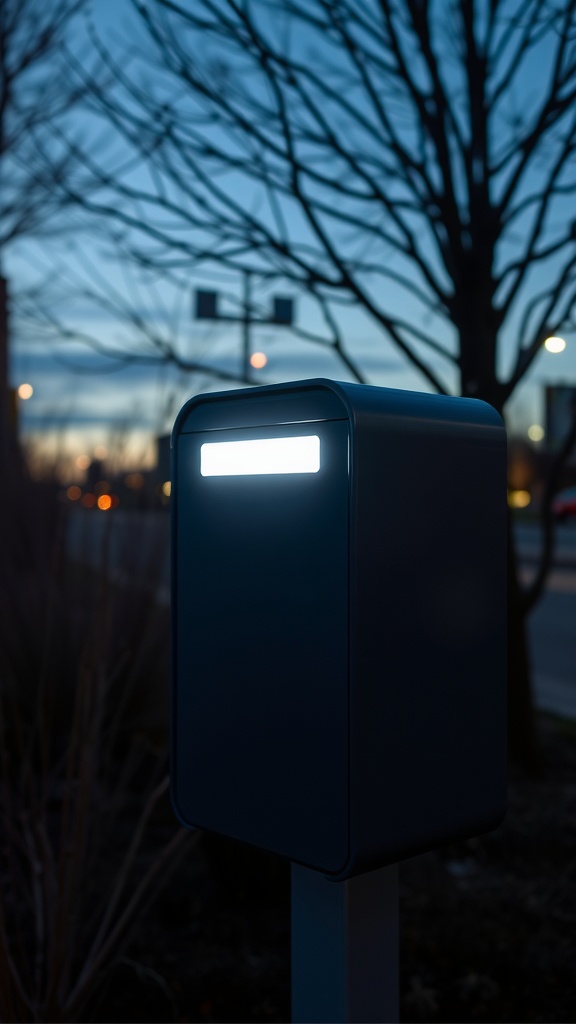 A modern mailbox with built-in lighting, illuminated at dusk.