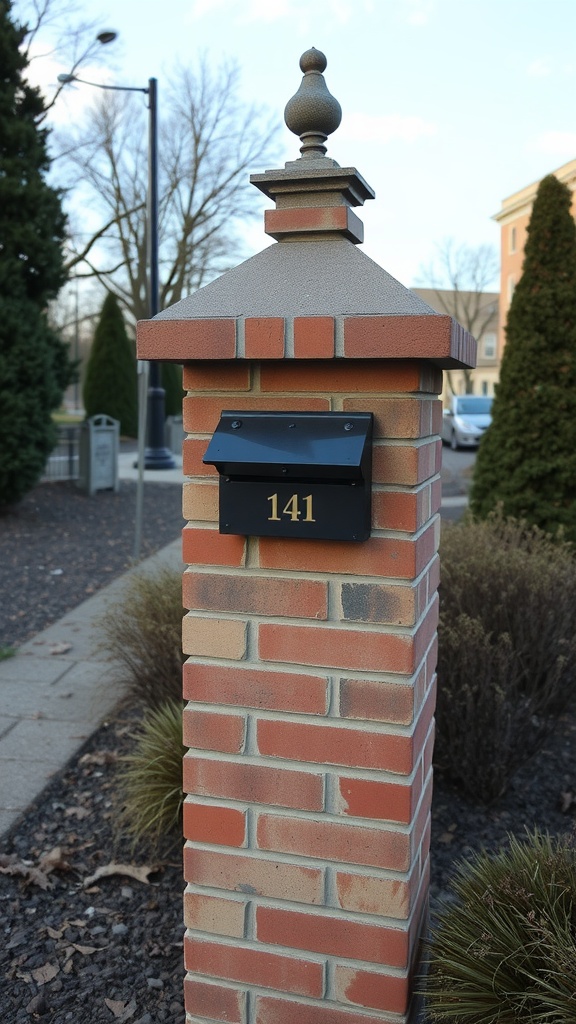 A brick mailbox with a decorative capstone and a black mailbox door, displaying the number 141.