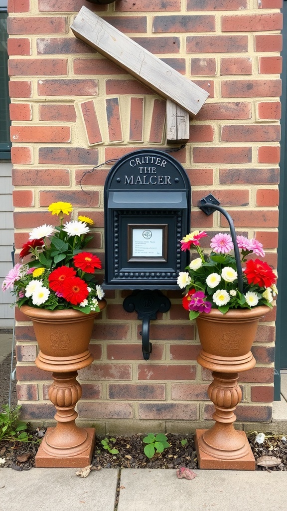 Decorative mailbox with colorful flower planters on either side