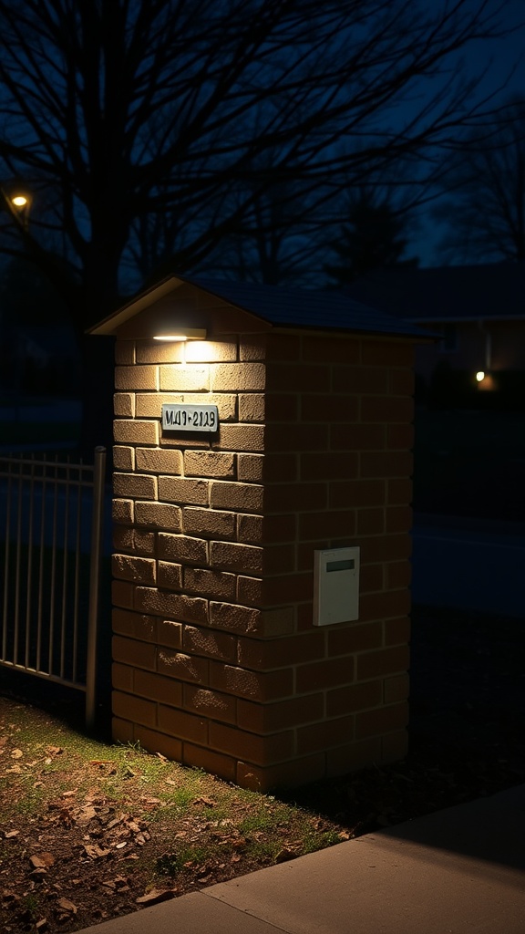 A brick mailbox with integrated lighting at night, showcasing a warm glow around the address.