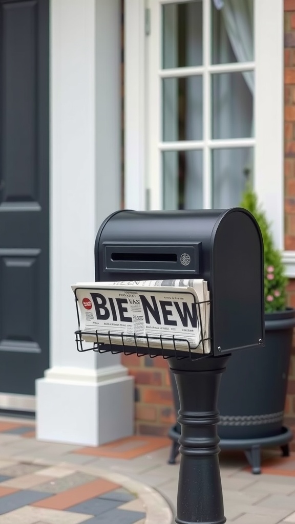 A black mailbox with an integrated newspaper holder in front of a house.