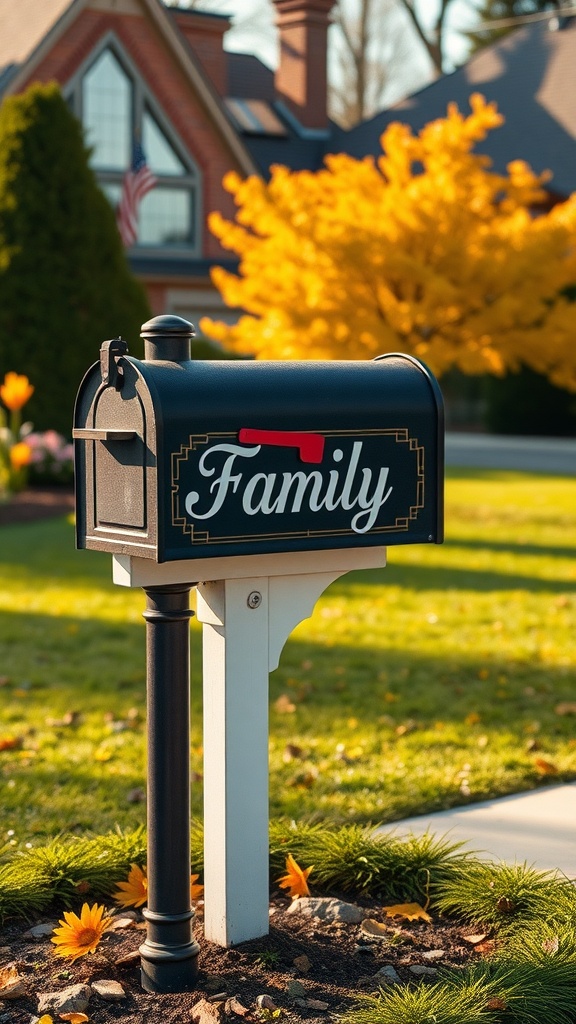 A black mailbox with 'Family' written on it in front of a beautiful house and autumn trees.