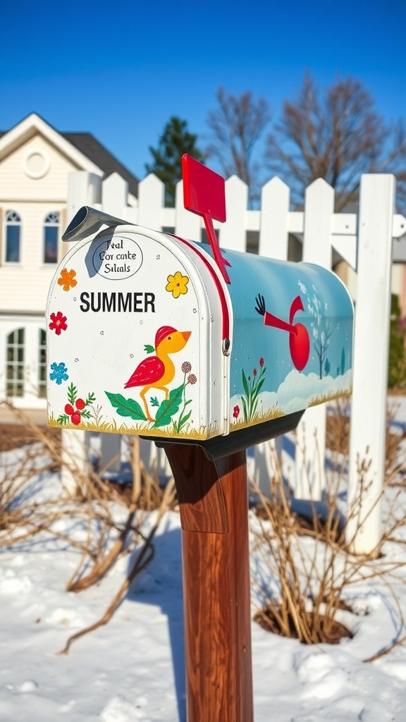 A colorful mailbox decorated with summer themes, featuring flowers and birds, set in a snowy landscape.