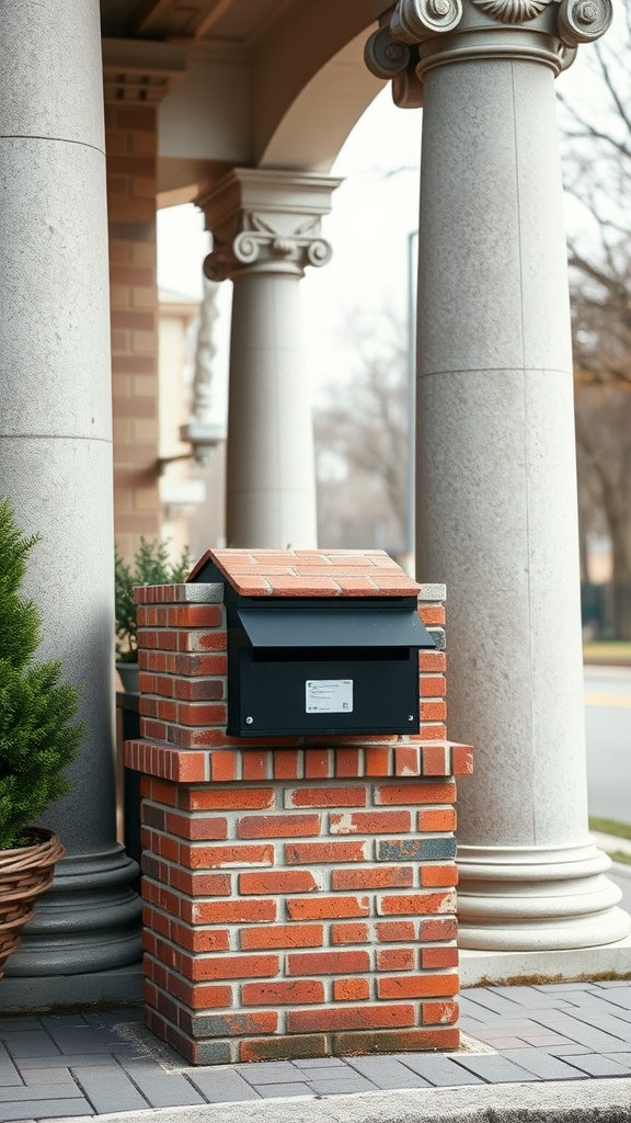 A brick mailbox situated between elegant stone pillars in front of a home.