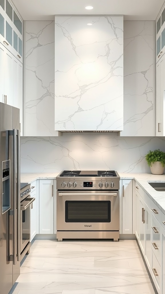 A modern kitchen featuring a marble backsplash with gray veining, stainless steel appliances, and white cabinetry.