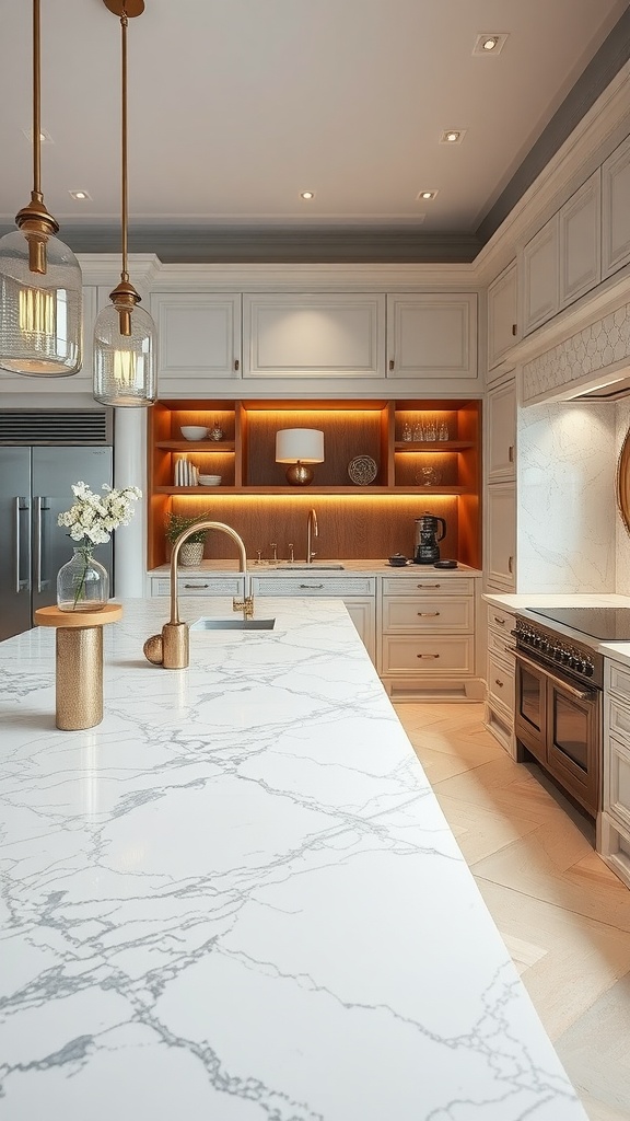 A contemporary kitchen featuring elegant marble countertops, light cabinetry, and warm wooden accents.