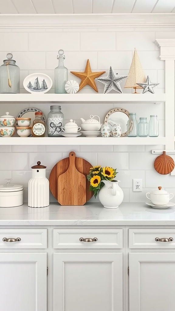 A beach house kitchen with marine-inspired decor featuring nautical items and natural materials.