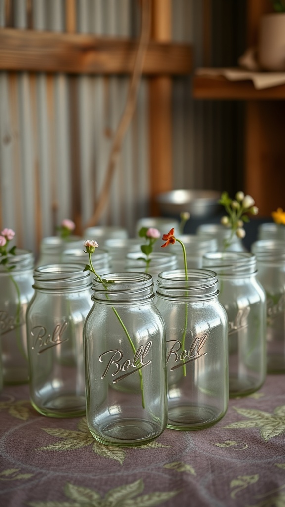 A collection of empty Mason jars with small flowers, ready to be used as planters.