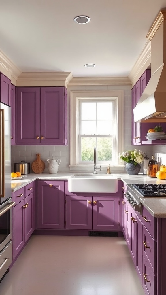 A cozy kitchen featuring mauve cabinets and ivory countertops, with natural light illuminating the space.