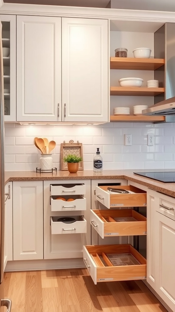 A modern kitchen with white cabinets featuring pull-out drawers and open shelves.