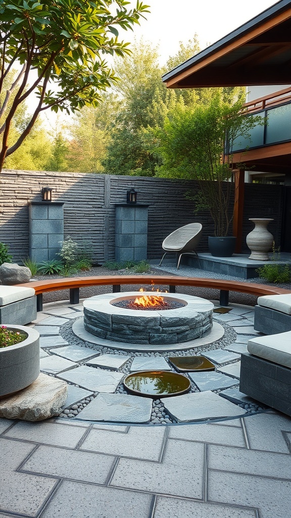 A serene backyard fire pit area designed for relaxation, featuring a circular stone fire pit, curved wooden seating, and lush greenery.