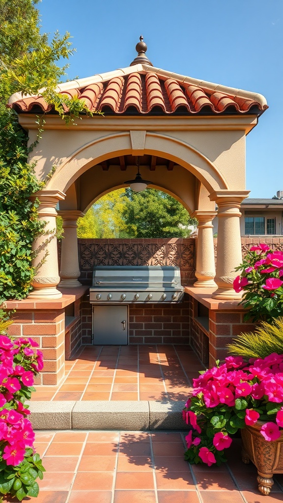 A Mediterranean inspired grill gazebo featuring a terracotta roof, archway, and surrounded by vibrant flowers.