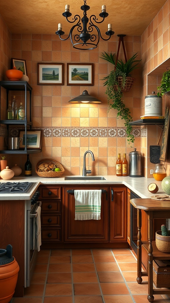 A cozy Mediterranean kitchen with terracotta tiles, wooden cabinets, and warm lighting.