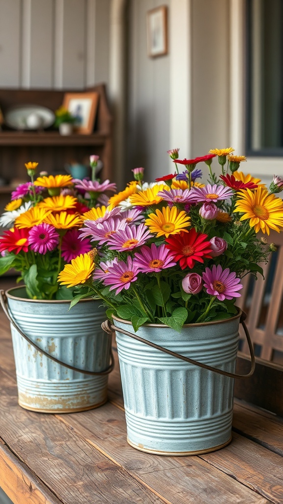 Two metal buckets filled with colorful flowers on a wooden table.