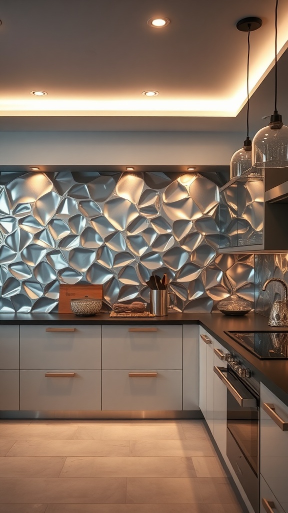 A modern kitchen with a metallic accent wall, featuring a textured design and warm lighting.