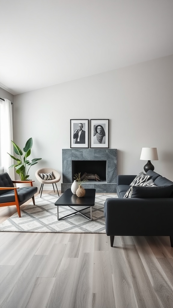 Mid-century modern living room with black accents, featuring a black sofa, geometric rug, and framed photographs on the wall.
