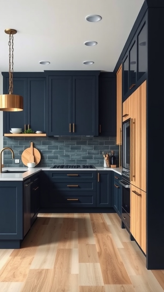 A kitchen featuring midnight blue cabinets with light wood accents, gold hardware, and a modern design.