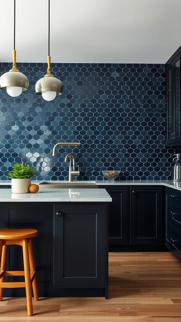 A kitchen featuring midnight blue hexagon tiles on the backsplash, dark kitchen cabinets, and wooden flooring.