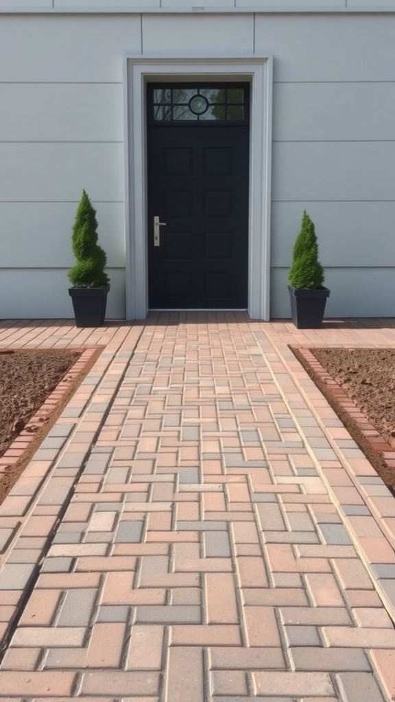 A minimalist brick pathway leading to a front door, flanked by two potted plants.