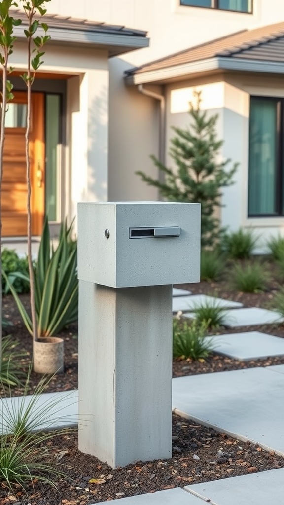 A minimalist concrete mailbox post in a well-kept garden, showcasing modern design elements.