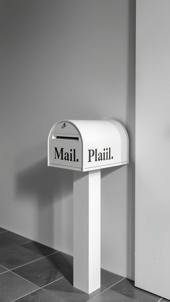 A minimalist white mailbox with black text 'Mail.' and 'Plail.' leaning against a light gray wall.