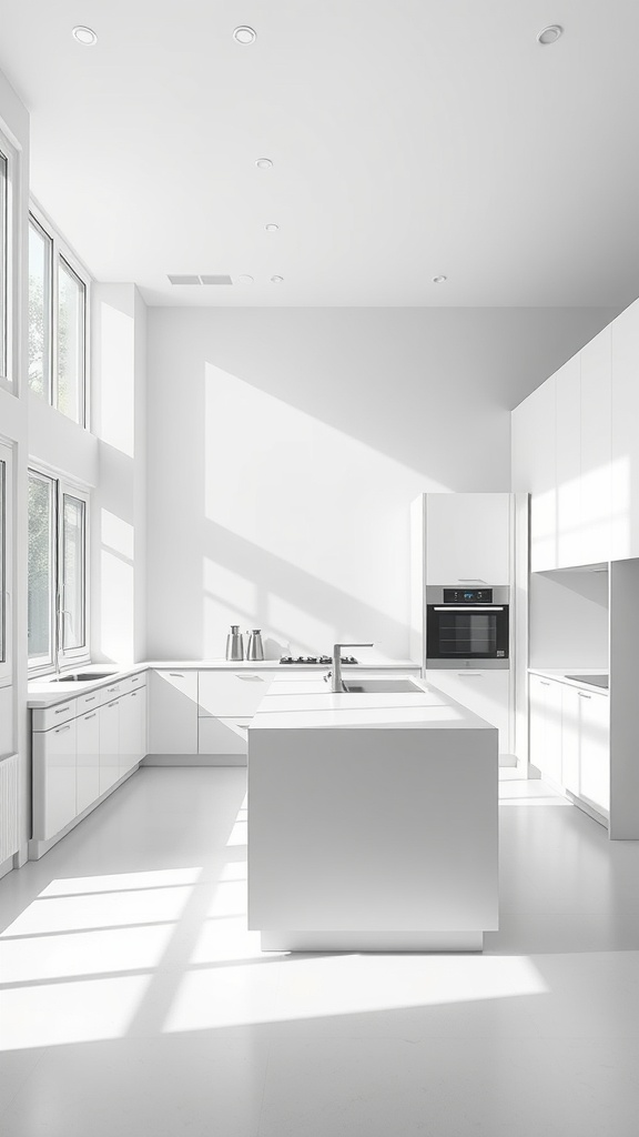 A minimalist white kitchen featuring sleek lines, large windows, and bright natural light