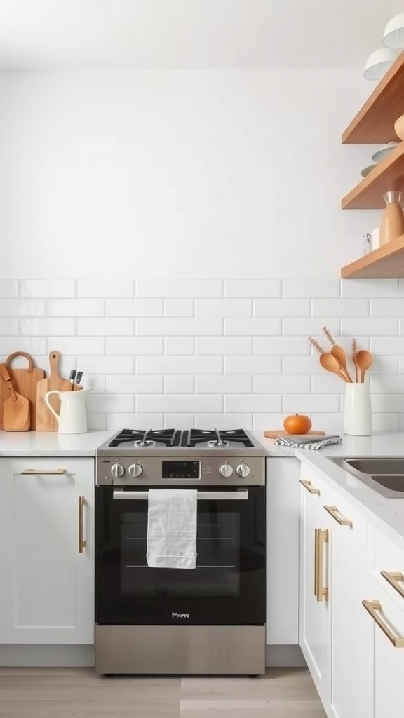 A minimalist kitchen with white subway tile backsplash and wooden shelves.