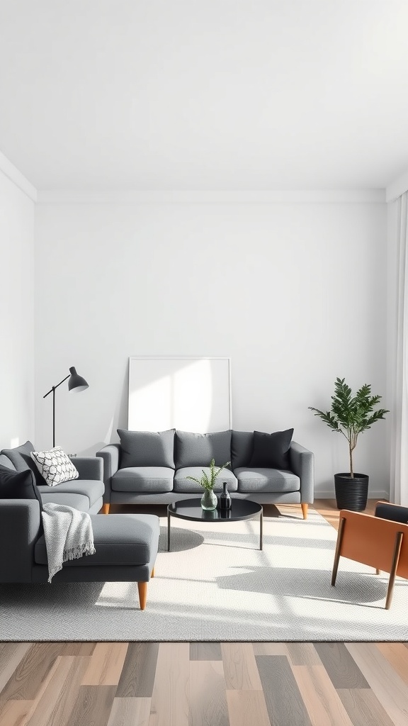 A minimalist living room featuring white walls and dark furniture, with soft lighting and natural elements.