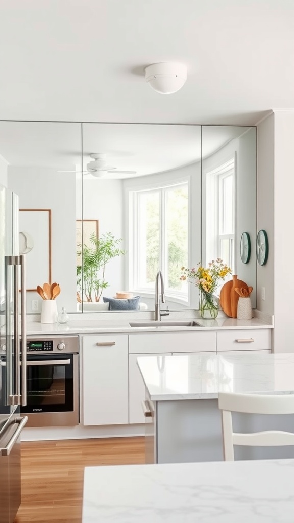 A modern kitchen with a mirror wall that reflects light and greenery, creating a spacious illusion.