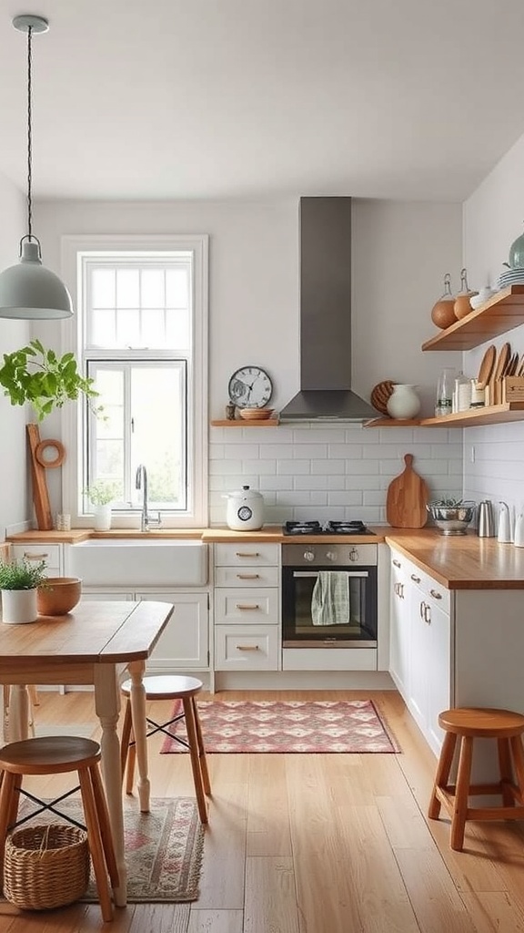 A Scandinavian kitchen featuring a blend of old and new design elements, showcasing wooden finishes, modern appliances, and a cozy dining area.