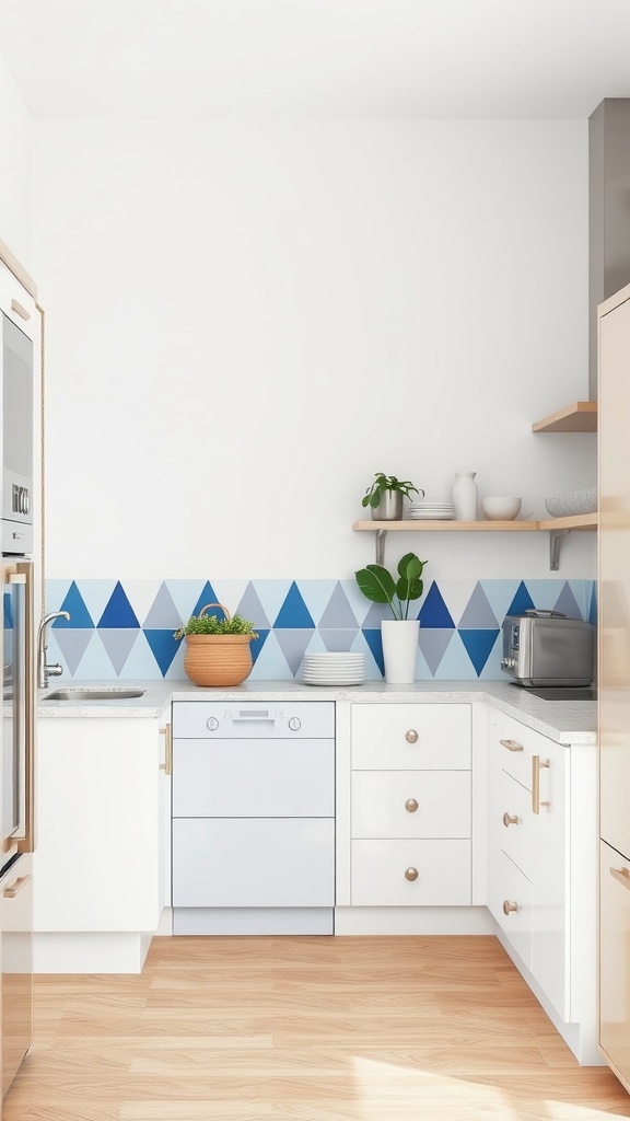 A modern kitchen featuring a blue and white geometric backsplash with diamond shapes, white cabinets, and wooden accents.