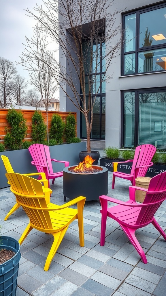 Colorful modern metal chairs around a fire pit in a contemporary outdoor setting.